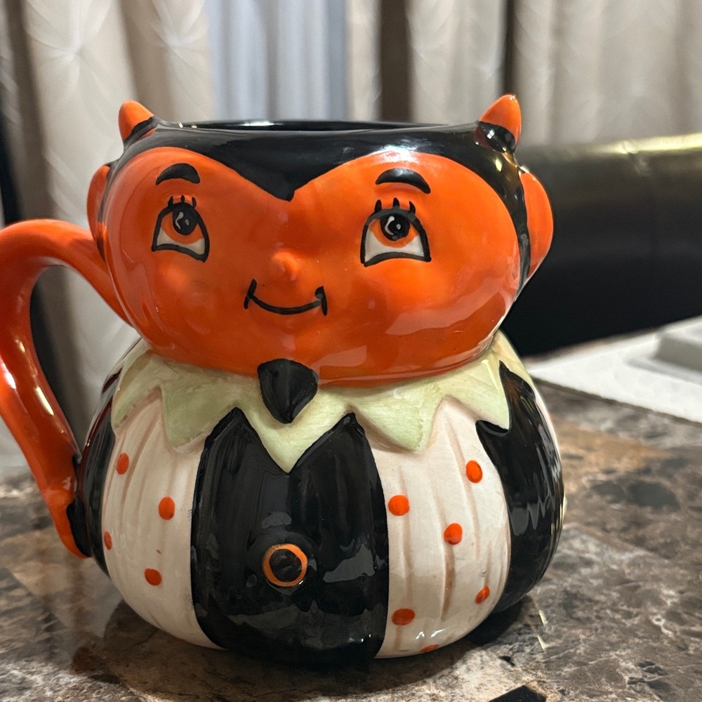 Halloween Devil Ceramic cup - Orange and Black. Johanna Parker - Picture 2 of 4